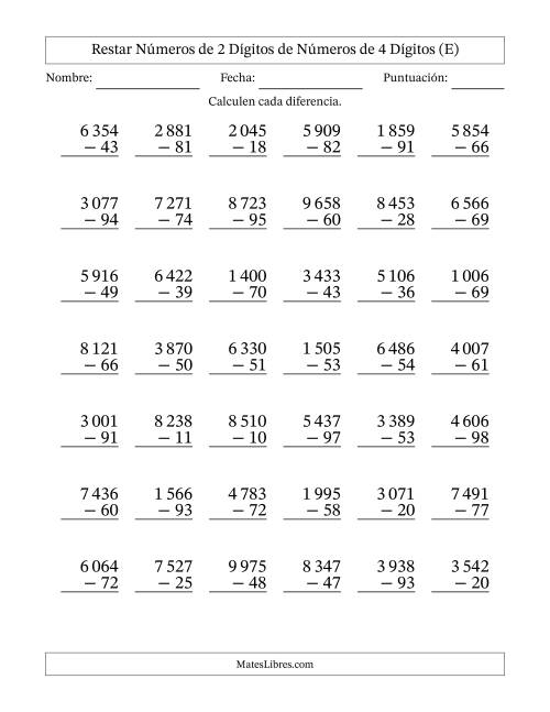 La hoja de ejercicios de Restar números de 2 dígitos de números de 4 dígitos, con acarreo en algunas preguntas (42 preguntas) (Espacio como separador de millares) (E)
