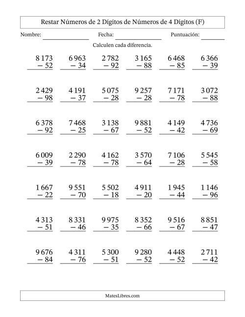 La hoja de ejercicios de Restar números de 2 dígitos de números de 4 dígitos, con acarreo en algunas preguntas (42 preguntas) (Espacio como separador de millares) (F)