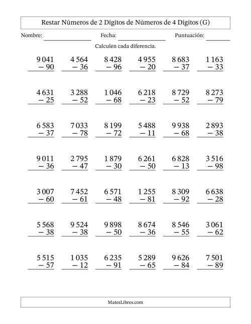 La hoja de ejercicios de Restar números de 2 dígitos de números de 4 dígitos, con acarreo en algunas preguntas (42 preguntas) (Espacio como separador de millares) (G)