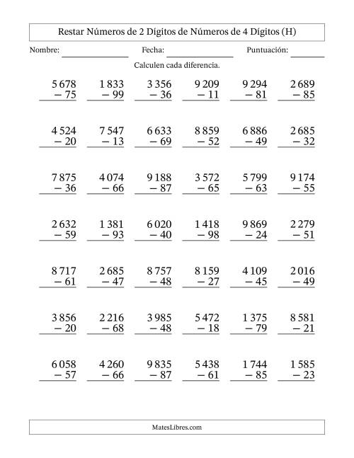 La hoja de ejercicios de Restar números de 2 dígitos de números de 4 dígitos, con acarreo en algunas preguntas (42 preguntas) (Espacio como separador de millares) (H)
