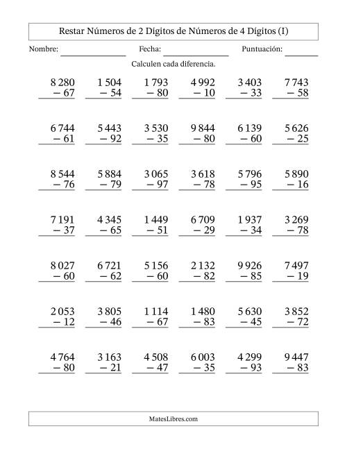 La hoja de ejercicios de Restar números de 2 dígitos de números de 4 dígitos, con acarreo en algunas preguntas (42 preguntas) (Espacio como separador de millares) (I)