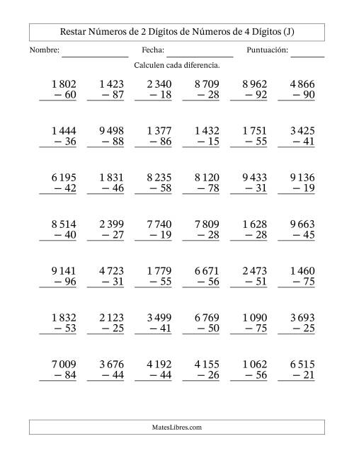 La hoja de ejercicios de Restar números de 2 dígitos de números de 4 dígitos, con acarreo en algunas preguntas (42 preguntas) (Espacio como separador de millares) (J)