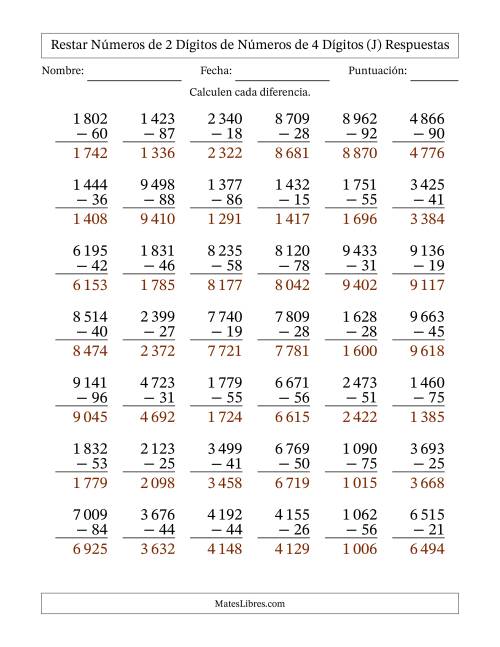 La hoja de ejercicios de Restar números de 2 dígitos de números de 4 dígitos, con acarreo en algunas preguntas (42 preguntas) (Espacio como separador de millares) (J) Página 2