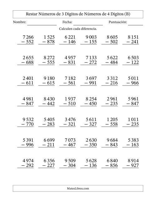 La hoja de ejercicios de Restar números de 3 dígitos de números de 4 dígitos, con acarreo en algunas preguntas (42 preguntas) (Espacio como separador de millares) (B)