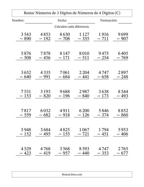 La hoja de ejercicios de Restar números de 3 dígitos de números de 4 dígitos, con acarreo en algunas preguntas (42 preguntas) (Espacio como separador de millares) (C)