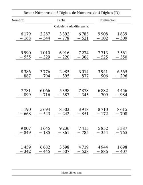 La hoja de ejercicios de Restar números de 3 dígitos de números de 4 dígitos, con acarreo en algunas preguntas (42 preguntas) (Espacio como separador de millares) (D)