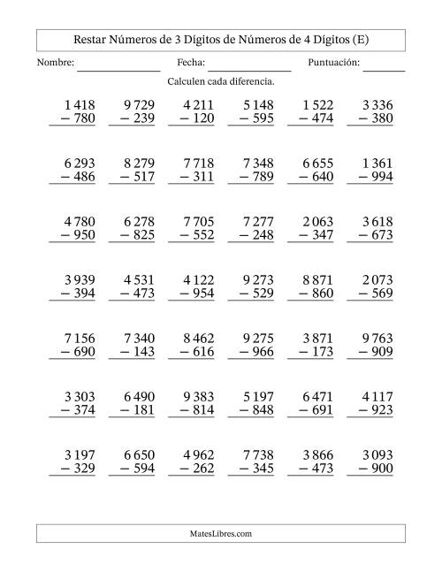 La hoja de ejercicios de Restar números de 3 dígitos de números de 4 dígitos, con acarreo en algunas preguntas (42 preguntas) (Espacio como separador de millares) (E)