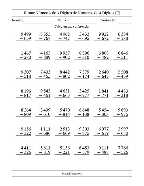La hoja de ejercicios de Restar números de 3 dígitos de números de 4 dígitos, con acarreo en algunas preguntas (42 preguntas) (Espacio como separador de millares) (F)