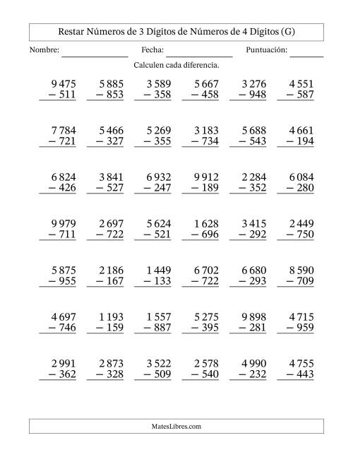 La hoja de ejercicios de Restar números de 3 dígitos de números de 4 dígitos, con acarreo en algunas preguntas (42 preguntas) (Espacio como separador de millares) (G)
