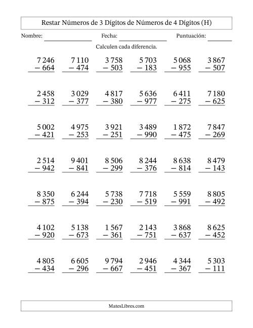 La hoja de ejercicios de Restar números de 3 dígitos de números de 4 dígitos, con acarreo en algunas preguntas (42 preguntas) (Espacio como separador de millares) (H)