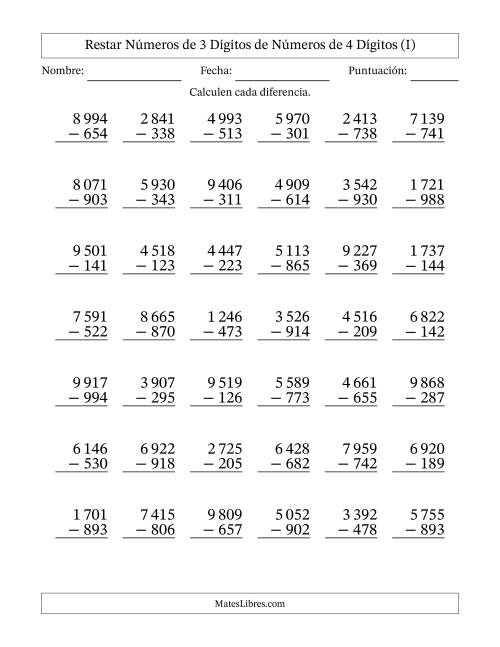 La hoja de ejercicios de Restar números de 3 dígitos de números de 4 dígitos, con acarreo en algunas preguntas (42 preguntas) (Espacio como separador de millares) (I)
