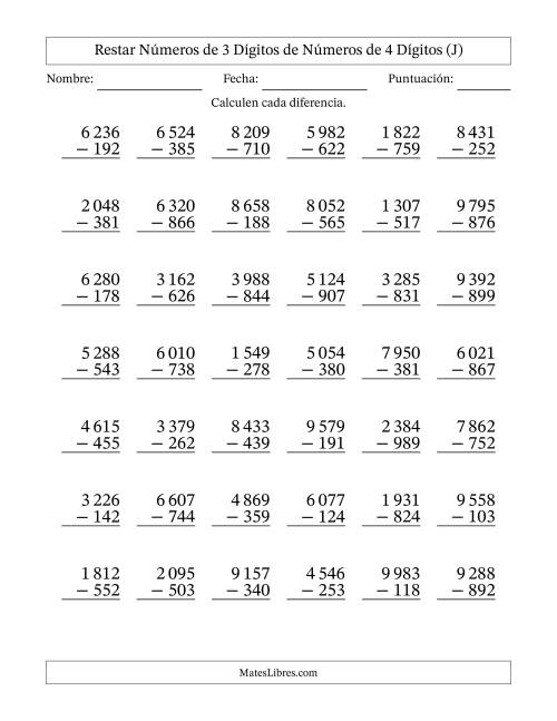 La hoja de ejercicios de Restar números de 3 dígitos de números de 4 dígitos, con acarreo en algunas preguntas (42 preguntas) (Espacio como separador de millares) (J)