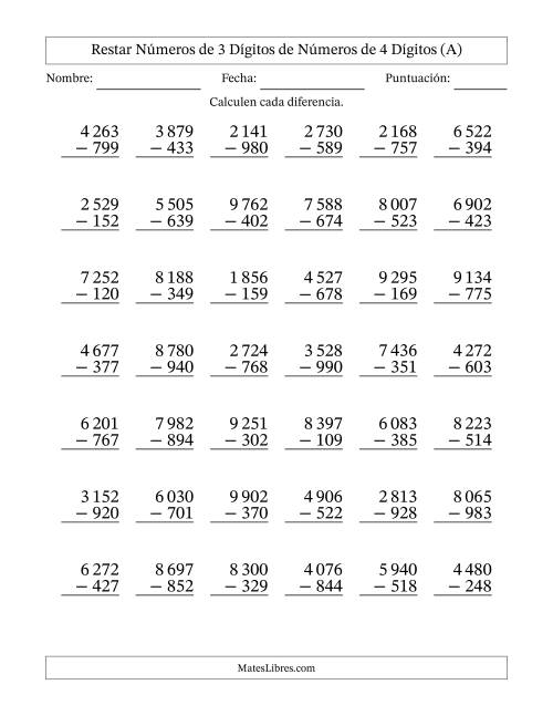 La hoja de ejercicios de Restar números de 3 dígitos de números de 4 dígitos, con acarreo en algunas preguntas (42 preguntas) (Espacio como separador de millares) (Todas)