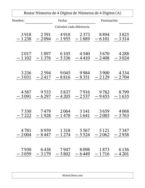 La hoja de ejercicios de Restar números de 4 dígitos de números de 4 dígitos, con acarreo en algunas preguntas (42 preguntas) (Espacio como separador de millares) (A)