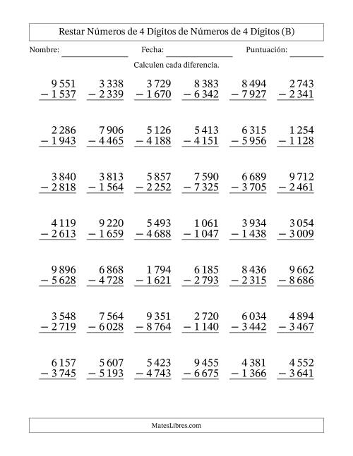 La hoja de ejercicios de Restar números de 4 dígitos de números de 4 dígitos, con acarreo en algunas preguntas (42 preguntas) (Espacio como separador de millares) (B)