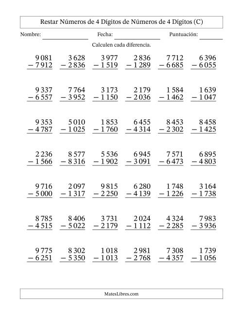 La hoja de ejercicios de Restar números de 4 dígitos de números de 4 dígitos, con acarreo en algunas preguntas (42 preguntas) (Espacio como separador de millares) (C)