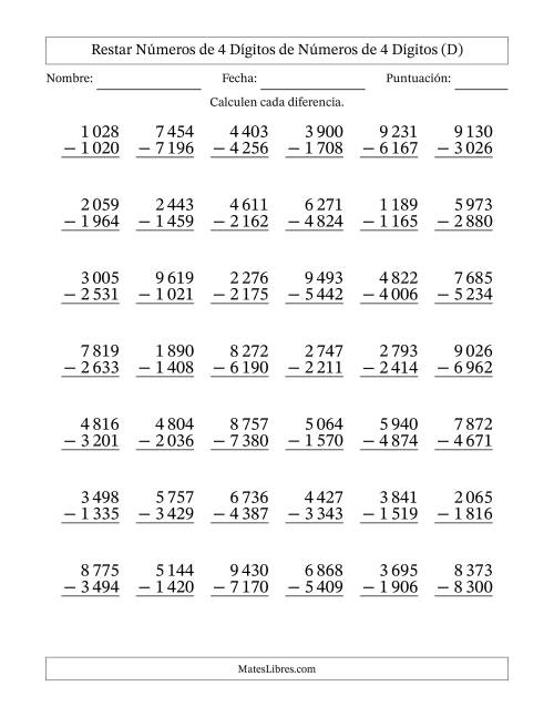 La hoja de ejercicios de Restar números de 4 dígitos de números de 4 dígitos, con acarreo en algunas preguntas (42 preguntas) (Espacio como separador de millares) (D)