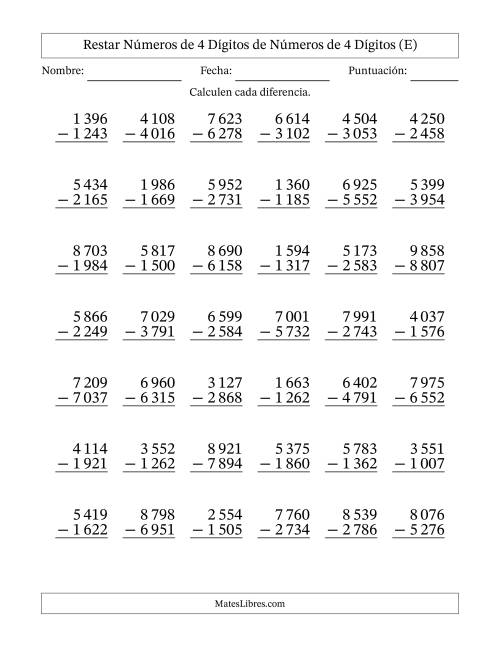 La hoja de ejercicios de Restar números de 4 dígitos de números de 4 dígitos, con acarreo en algunas preguntas (42 preguntas) (Espacio como separador de millares) (E)