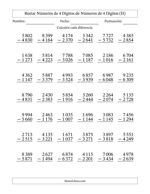La hoja de ejercicios de Restar números de 4 dígitos de números de 4 dígitos, con acarreo en algunas preguntas (42 preguntas) (Espacio como separador de millares) (H)
