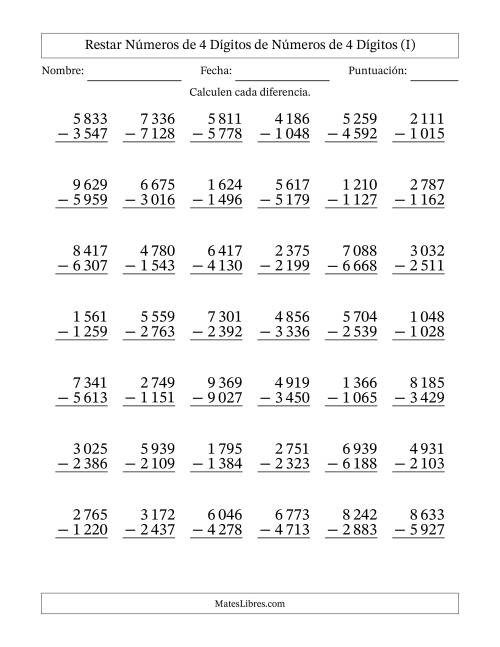 La hoja de ejercicios de Restar números de 4 dígitos de números de 4 dígitos, con acarreo en algunas preguntas (42 preguntas) (Espacio como separador de millares) (I)