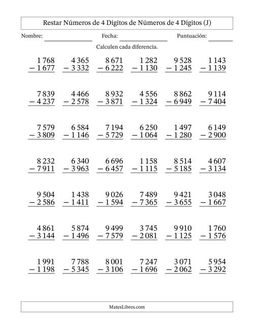 La hoja de ejercicios de Restar números de 4 dígitos de números de 4 dígitos, con acarreo en algunas preguntas (42 preguntas) (Espacio como separador de millares) (J)