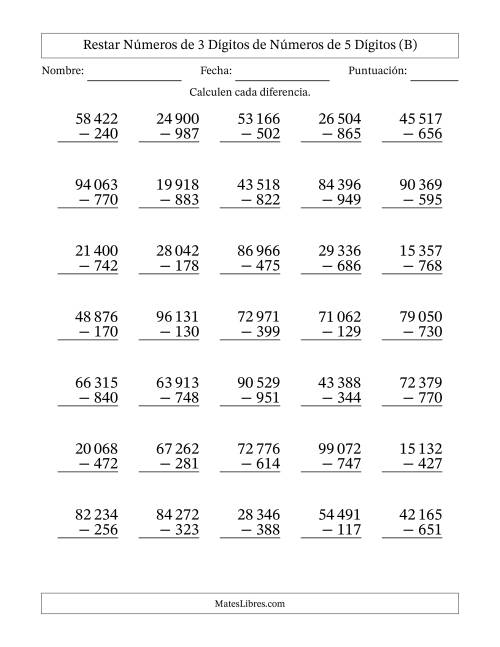 La hoja de ejercicios de Restar números de 3 dígitos de números de 5 dígitos, con acarreo en algunas preguntas (35 preguntas) (Espacio como separador de millares) (B)