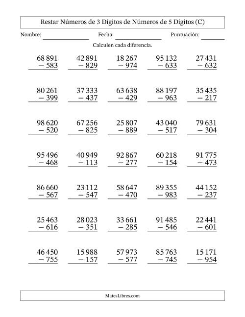 La hoja de ejercicios de Restar números de 3 dígitos de números de 5 dígitos, con acarreo en algunas preguntas (35 preguntas) (Espacio como separador de millares) (C)