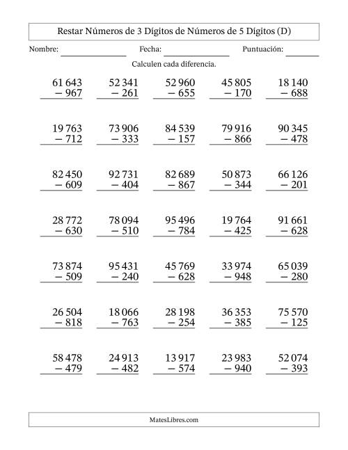 La hoja de ejercicios de Restar números de 3 dígitos de números de 5 dígitos, con acarreo en algunas preguntas (35 preguntas) (Espacio como separador de millares) (D)