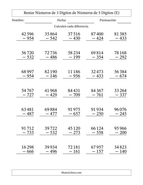 La hoja de ejercicios de Restar números de 3 dígitos de números de 5 dígitos, con acarreo en algunas preguntas (35 preguntas) (Espacio como separador de millares) (E)