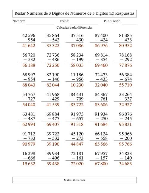 La hoja de ejercicios de Restar números de 3 dígitos de números de 5 dígitos, con acarreo en algunas preguntas (35 preguntas) (Espacio como separador de millares) (E) Página 2
