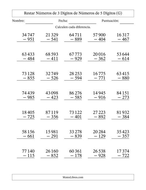 La hoja de ejercicios de Restar números de 3 dígitos de números de 5 dígitos, con acarreo en algunas preguntas (35 preguntas) (Espacio como separador de millares) (G)