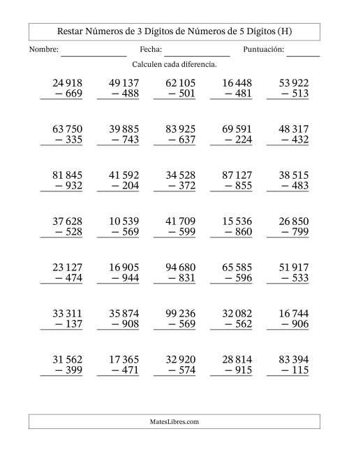 La hoja de ejercicios de Restar números de 3 dígitos de números de 5 dígitos, con acarreo en algunas preguntas (35 preguntas) (Espacio como separador de millares) (H)