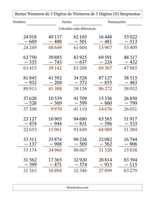 La hoja de ejercicios de Restar números de 3 dígitos de números de 5 dígitos, con acarreo en algunas preguntas (35 preguntas) (Espacio como separador de millares) (H) Página 2