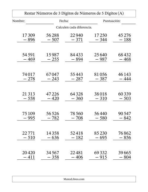 La hoja de ejercicios de Restar números de 3 dígitos de números de 5 dígitos, con acarreo en algunas preguntas (35 preguntas) (Espacio como separador de millares) (Todas)