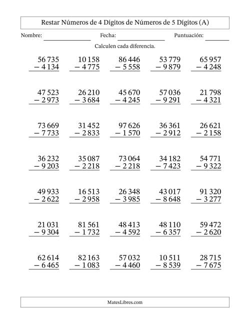 La hoja de ejercicios de Restar números de 4 dígitos de números de 5 dígitos, con acarreo en algunas preguntas (35 preguntas) (Espacio como separador de millares) (A)