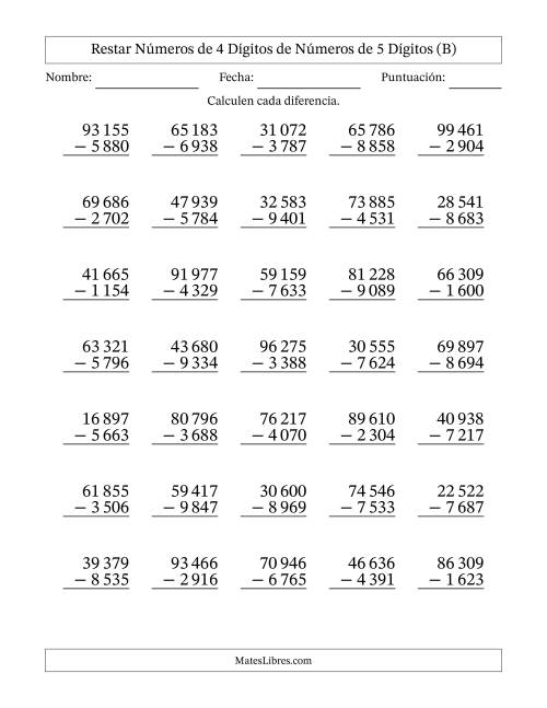 La hoja de ejercicios de Restar números de 4 dígitos de números de 5 dígitos, con acarreo en algunas preguntas (35 preguntas) (Espacio como separador de millares) (B)