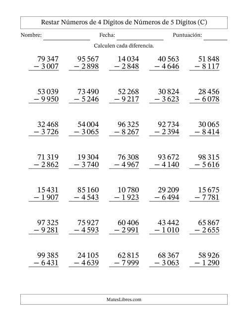 La hoja de ejercicios de Restar números de 4 dígitos de números de 5 dígitos, con acarreo en algunas preguntas (35 preguntas) (Espacio como separador de millares) (C)