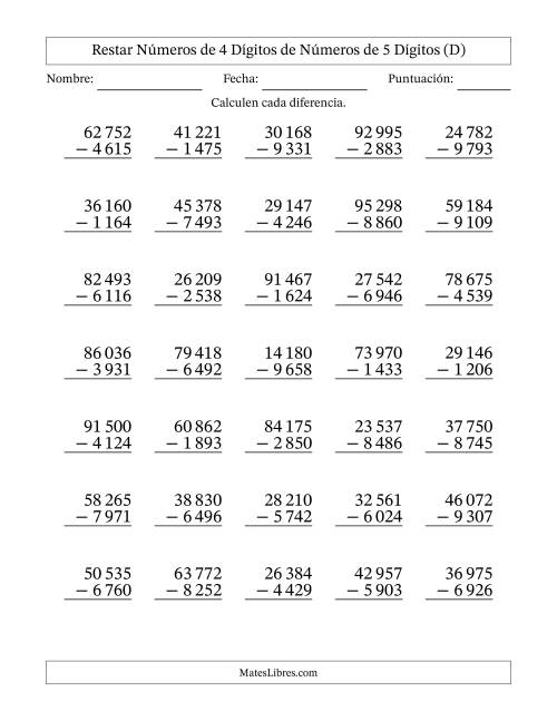 La hoja de ejercicios de Restar números de 4 dígitos de números de 5 dígitos, con acarreo en algunas preguntas (35 preguntas) (Espacio como separador de millares) (D)