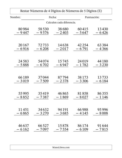 La hoja de ejercicios de Restar números de 4 dígitos de números de 5 dígitos, con acarreo en algunas preguntas (35 preguntas) (Espacio como separador de millares) (E)