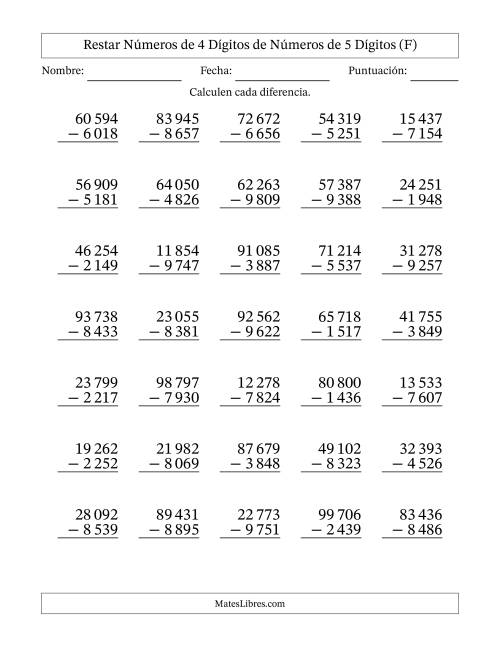 La hoja de ejercicios de Restar números de 4 dígitos de números de 5 dígitos, con acarreo en algunas preguntas (35 preguntas) (Espacio como separador de millares) (F)