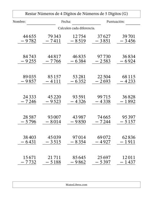 La hoja de ejercicios de Restar números de 4 dígitos de números de 5 dígitos, con acarreo en algunas preguntas (35 preguntas) (Espacio como separador de millares) (G)