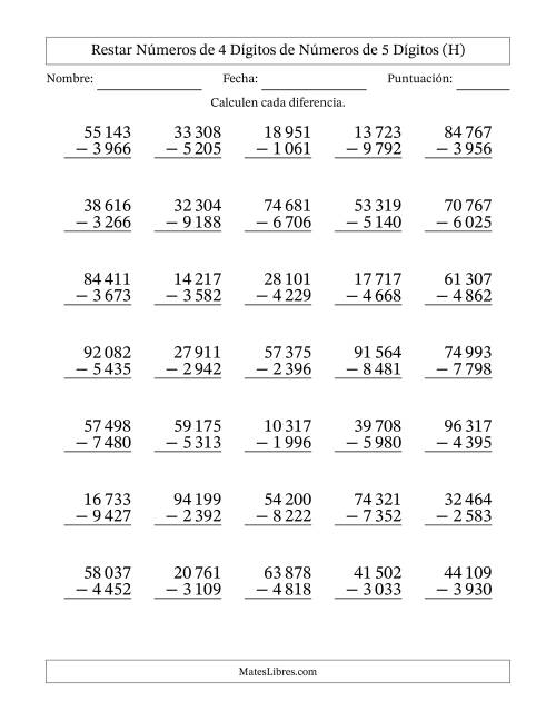 La hoja de ejercicios de Restar números de 4 dígitos de números de 5 dígitos, con acarreo en algunas preguntas (35 preguntas) (Espacio como separador de millares) (H)