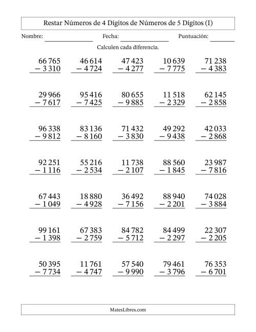 La hoja de ejercicios de Restar números de 4 dígitos de números de 5 dígitos, con acarreo en algunas preguntas (35 preguntas) (Espacio como separador de millares) (I)