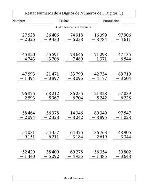 La hoja de ejercicios de Restar números de 4 dígitos de números de 5 dígitos, con acarreo en algunas preguntas (35 preguntas) (Espacio como separador de millares) (J)