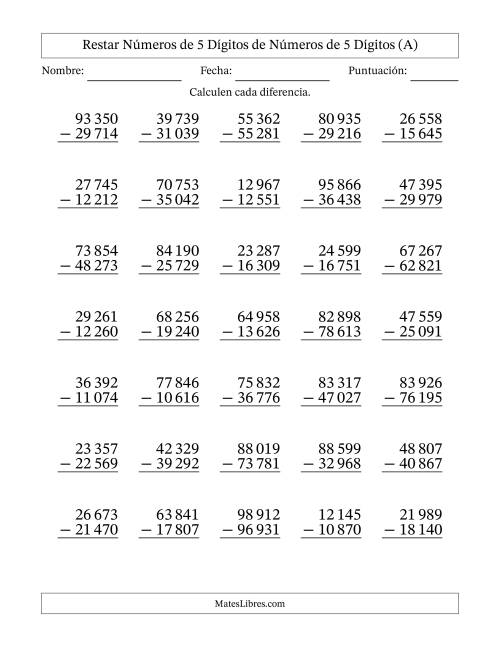 La hoja de ejercicios de Restar números de 5 dígitos de números de 5 dígitos, con acarreo en algunas preguntas (35 preguntas) (Espacio como separador de millares) (A)
