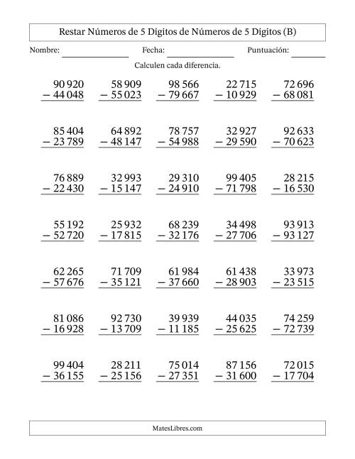 La hoja de ejercicios de Restar números de 5 dígitos de números de 5 dígitos, con acarreo en algunas preguntas (35 preguntas) (Espacio como separador de millares) (B)
