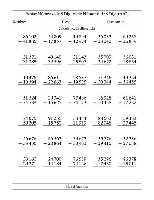 La hoja de ejercicios de Restar números de 5 dígitos de números de 5 dígitos, con acarreo en algunas preguntas (35 preguntas) (Espacio como separador de millares) (C)