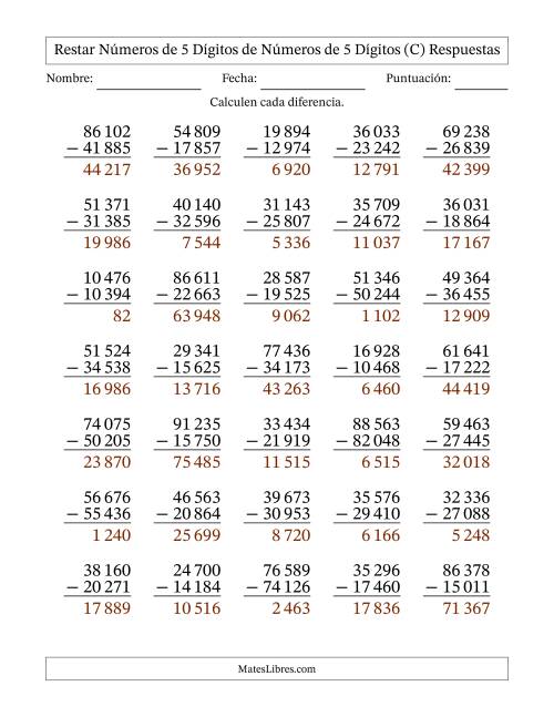 La hoja de ejercicios de Restar números de 5 dígitos de números de 5 dígitos, con acarreo en algunas preguntas (35 preguntas) (Espacio como separador de millares) (C) Página 2