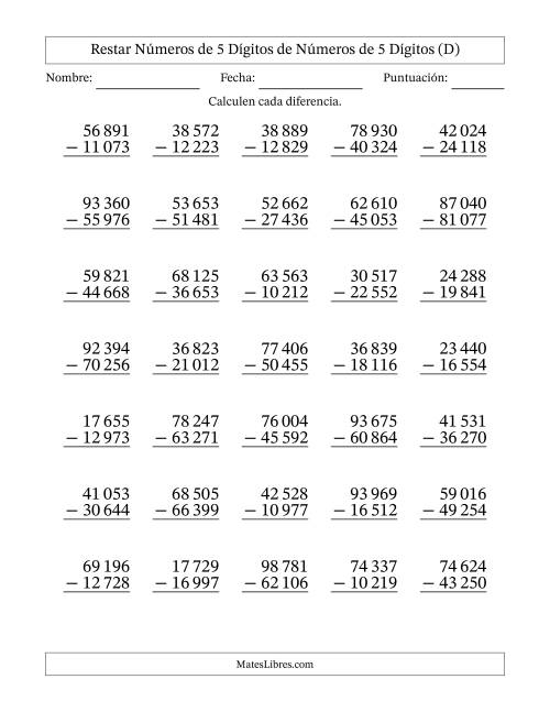 La hoja de ejercicios de Restar números de 5 dígitos de números de 5 dígitos, con acarreo en algunas preguntas (35 preguntas) (Espacio como separador de millares) (D)