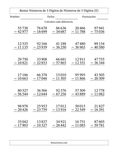 La hoja de ejercicios de Restar números de 5 dígitos de números de 5 dígitos, con acarreo en algunas preguntas (35 preguntas) (Espacio como separador de millares) (E)